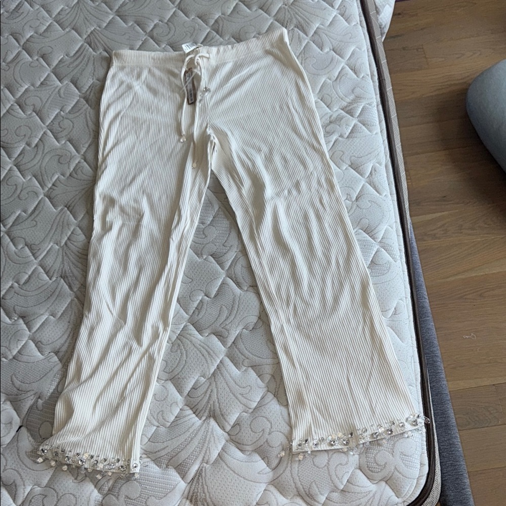Skims Cream Ribbed Lounge Pants with Beaded Hem